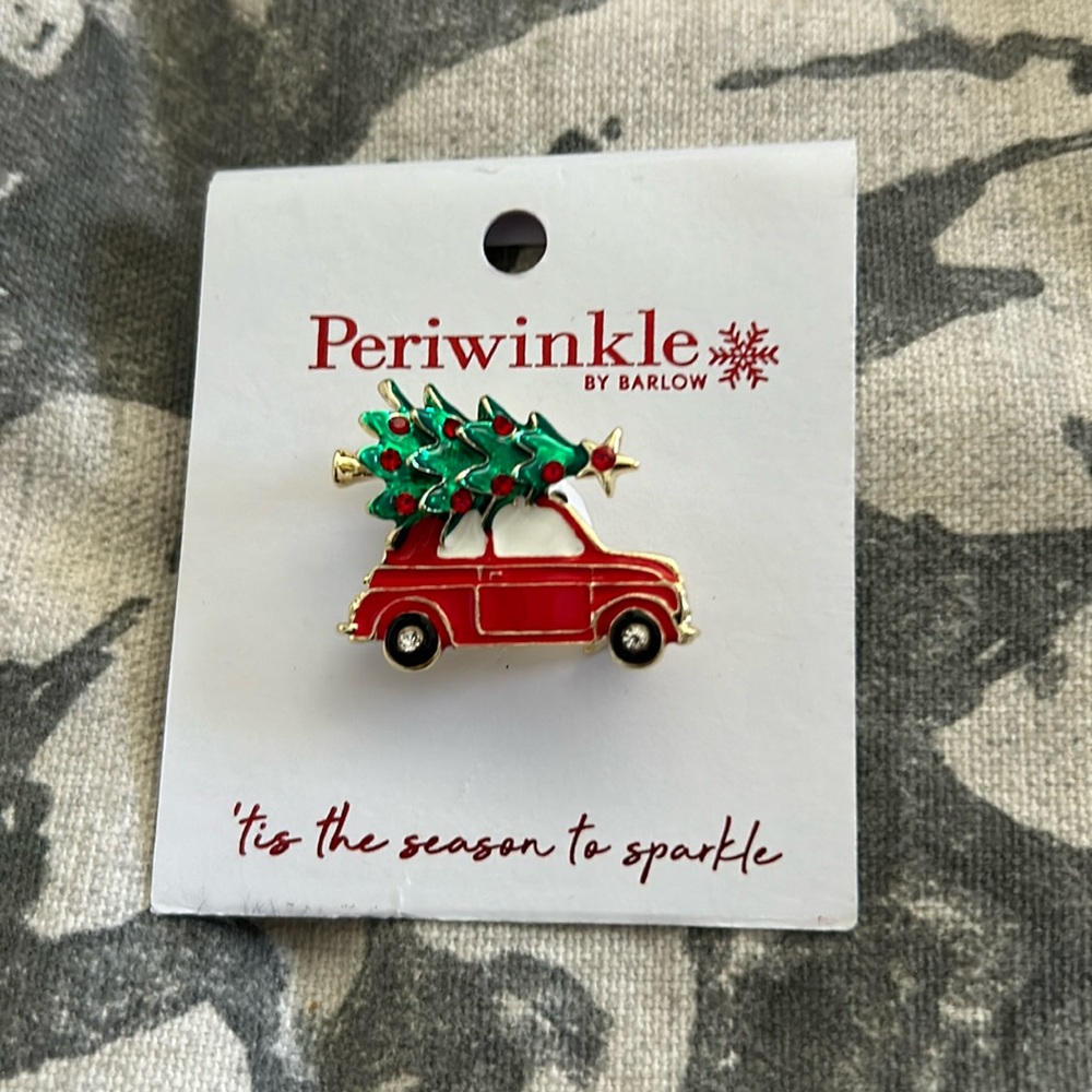 Cute red car with Christmas tree on top pin. Perfect for all your holiday attire - Picture 1 of 1
